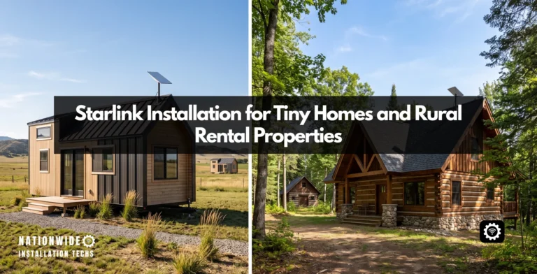 Starlink installation for tiny homes and rural rental cabins, each with a dish on a plumb, sealed steel pole