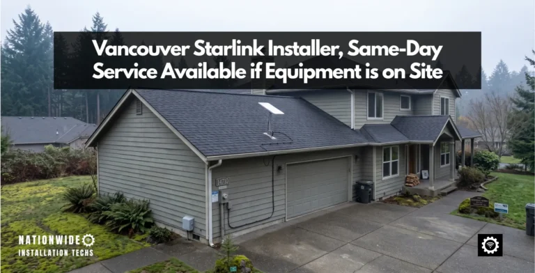 Vancouver Starlink installer, pivot mount below the ridge on a ranch home's composition shingle roof