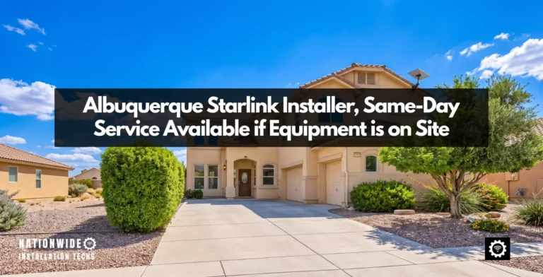 Albuquerque Starlink installer, dish mounted on the gable of a stucco Westside home with desert landscaping