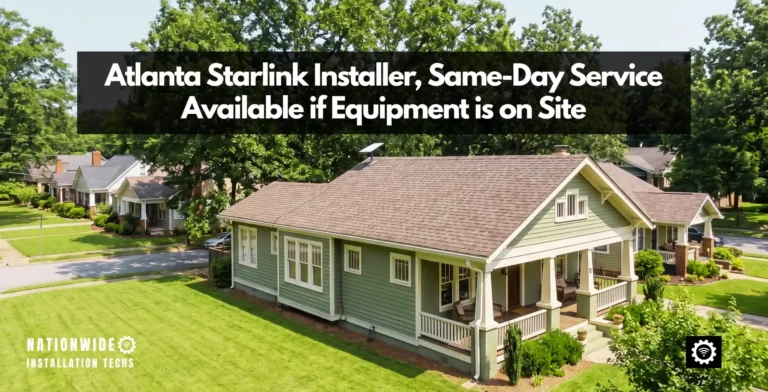 Atlanta Starlink installer work on a Grant Park craftsman bungalow, dish low on a sealed pivot mount under the oak canopy