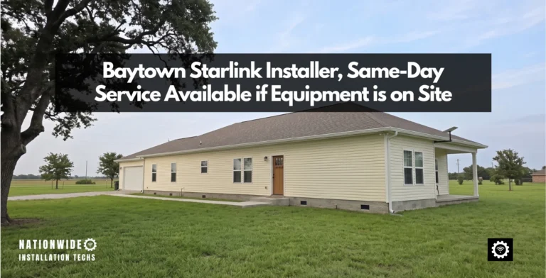 Baytown Starlink installer under-eave arm mount at the porch end of a cream lap-sided Harris County ranch house, dish carried clear above the gutter line, with sprawling live oaks, flat mown ground and open field running out to a hazy Gulf Coast horizon