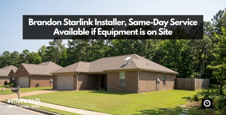Brandon Starlink installer work on a Rankin County brick ranch home, dish low on a sealed pivot mount above the tree line