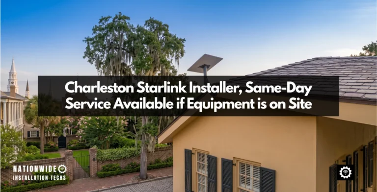 Charleston Starlink installer featured image: dish clear above the slate roof of an ochre stucco peninsula house, live oaks and Spanish moss, brick garden wall and steeples beyond, with the text Charleston Starlink Installer, Same-Day Service Available if Equipment is on Site