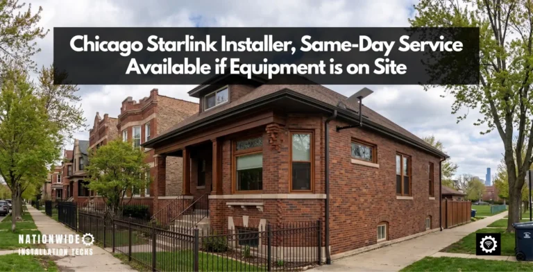 Chicago Starlink installer, under-eave mount on the brick wall of a bungalow with the wide eave, panel clear above the hip roof