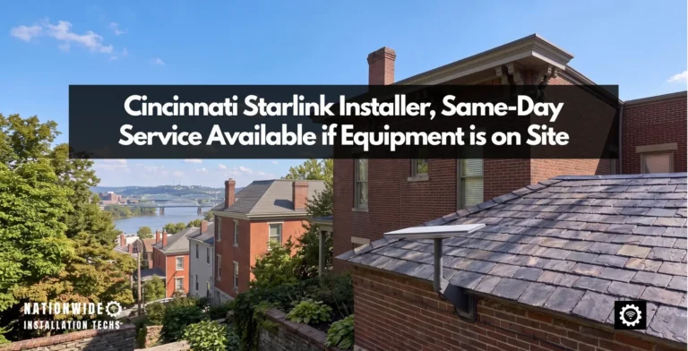 Cincinnati Starlink installer featured image: wall-mounted dish above the intact slate roof of a hillside brick house, the Ohio River and bridge in the valley below, with the text Cincinnati Starlink Installer, Same-Day Service Available if Equipment is on Site
