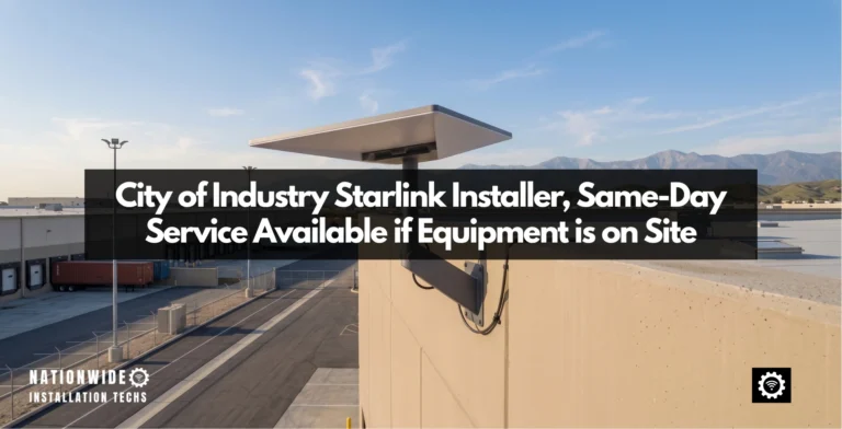 City of Industry Starlink installer wall mount on a tilt-up warehouse parapet, dish facing north over the dock doors and trailers toward the San Gabriel Mountains