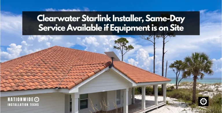 Clearwater Starlink installer, gable-end wall mount holding the dish clear above a barrel tile roof on a Gulf-front home