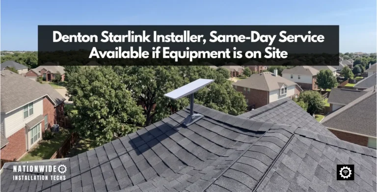 Denton Starlink installer setting a pivot mount on a composition shingle roof with post oaks behind the house