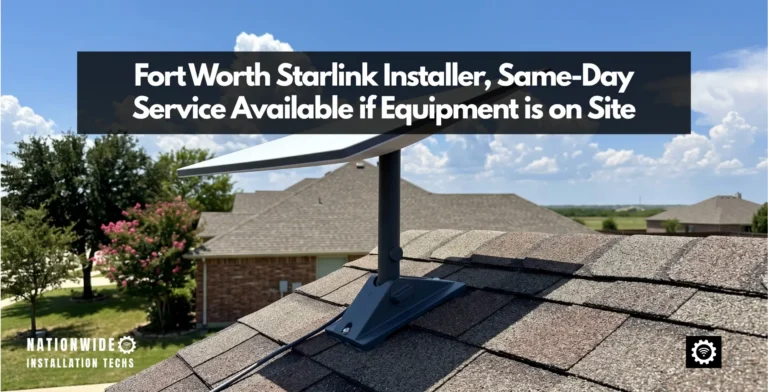 Fort Worth Starlink installer, pivot mount sealed high on an asphalt shingle roof with the mast plumb above a Tarrant County neighborhood