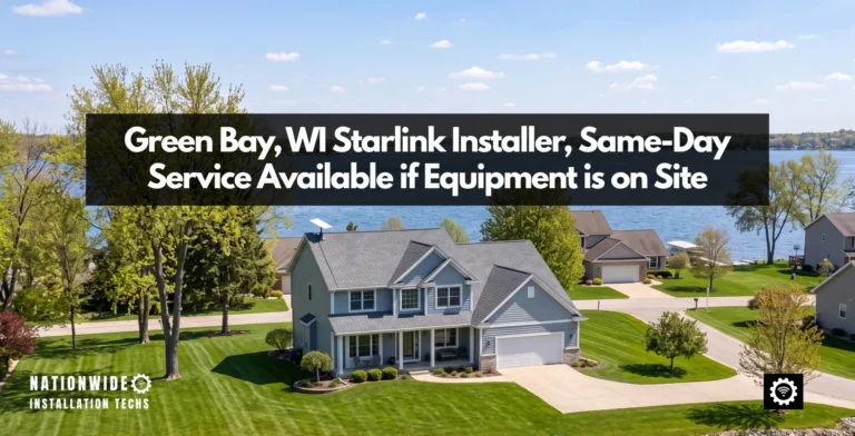 Green Bay, Wisconsin Starlink installer offering same-day service with a lakeside home in the background.