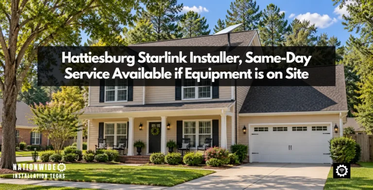 Hattiesburg Starlink installer featured image: two-storey home with a front porch under tall loblolly pines in Forrest County, dish mounted clear at the roof ridge, with the text Hattiesburg Starlink Installer, Same-Day Service Available if Equipment is on Site