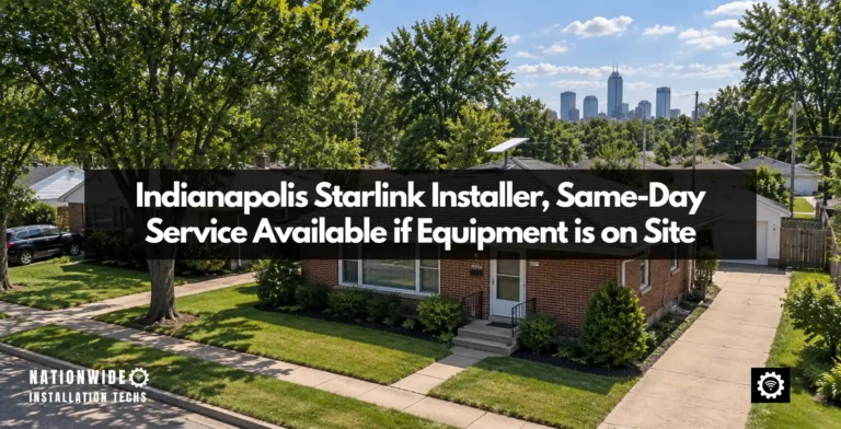 Indianapolis Starlink installer pivot roof mount on the shingle roof of a post-war brick ranch, maples in the tree lawn and the downtown skyline on the horizon