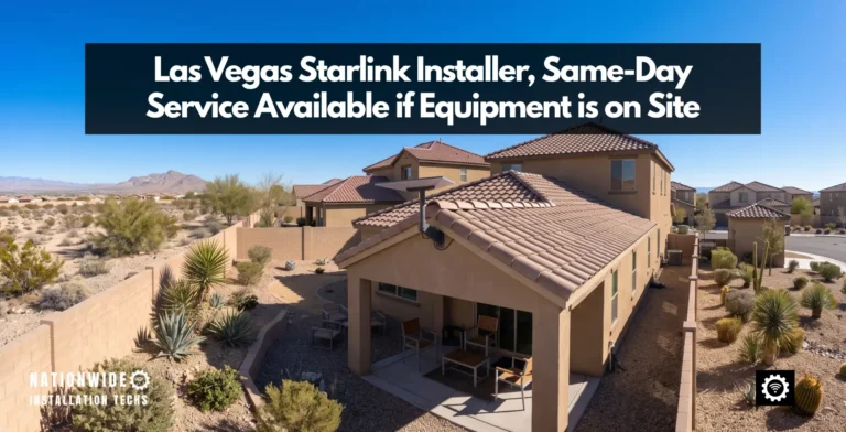Las Vegas Starlink installer wall mount on a stucco valley home, dish clear above the concrete tile roof against a clear Mojave sky