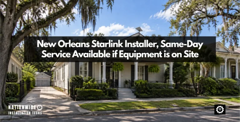 New Orleans Starlink installer, dish mounted clear above the roof of a raised cottage under live oaks and Spanish moss