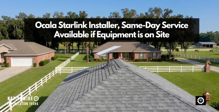 Ocala Starlink installer pivot roof mount on the composition shingle roof of a brick ranch house in Marion County horse country, dish clear above the ridge with white four-board fencing, live oaks in Spanish moss and horses grazing beyond