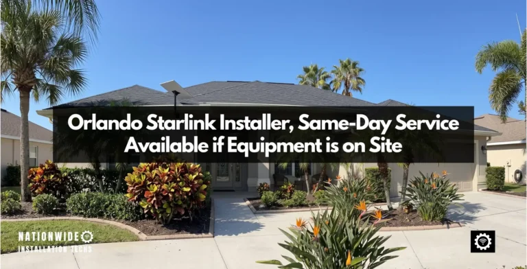 Orlando Starlink installer wall-mounted dish clear above the shingle roof of a Central Florida home, nothing fixed through the roof covering