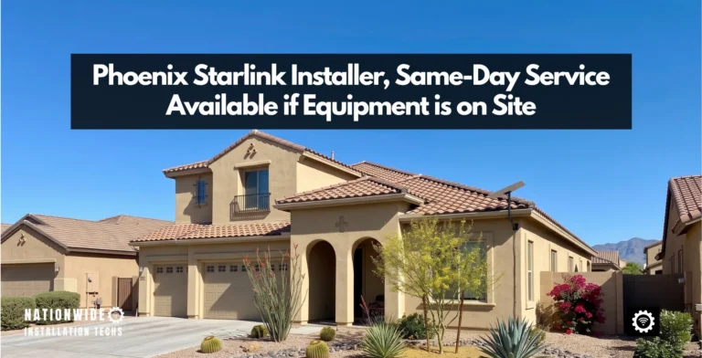 Phoenix Starlink installer, dish above the barrel tile roof of a stucco Valley home with ocotillo and desert landscaping
