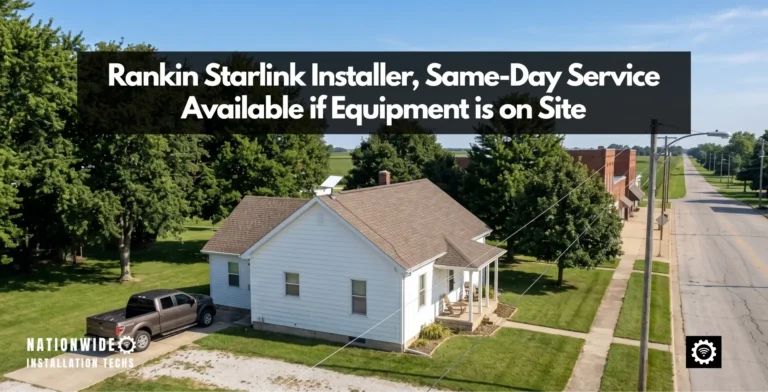 Rankin Starlink installer, pivot mount on the roof of a North Main Street house with the village brick block and corn beyond