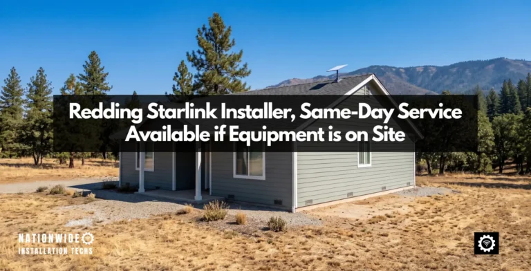 Redding Starlink installer featured image: a single-storey home on dry foothill acreage outside Redding with a pivot roof mount and dish standing clear at the ridge of its composition shingle roof, ponderosa pine and the brown Shasta County ridges behind, with the text Redding Starlink Installer, Same-Day Service Available if Equipment is on Site