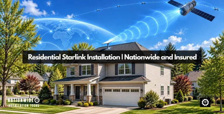 Residential Starlink installation on the roof of a two-story suburban home, with the signal path from the dish to a satellite overhead illustrated, nationwide and insured