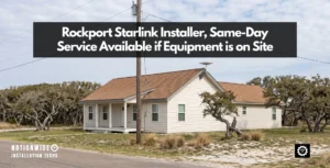 Rockport Starlink installer, wall mount at the gable of a Live Oak Peninsula house with the panel clear above the roof