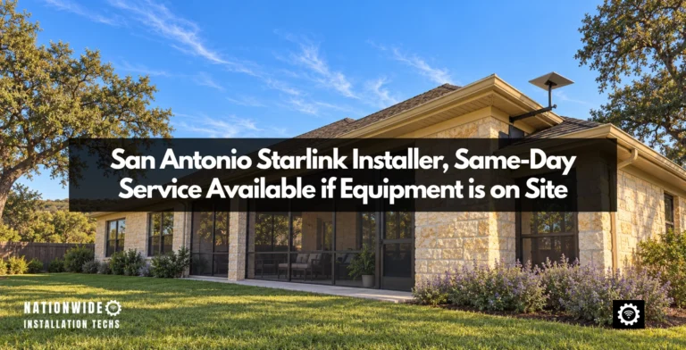 San Antonio Starlink installer, dish on an under-eave arm at the back of a single-storey limestone home in north San Antonio