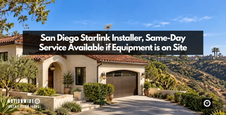 San Diego Starlink installer standard wall mount on a Spanish-revival stucco home, dish above the mission tile with a finger canyon dropping away beside it