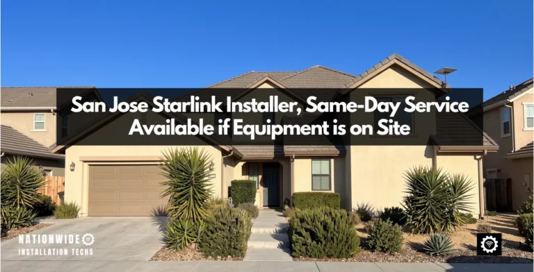 San Jose Starlink installer at a tile-roofed Santa Clara County home, dish set high on the gable clear of the tile field