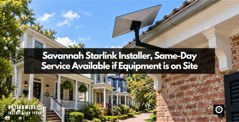 Savannah Starlink installer under-eave mount on a brick house beside a row of Victorian District porches, dish clear of the tile roof under the live oaks