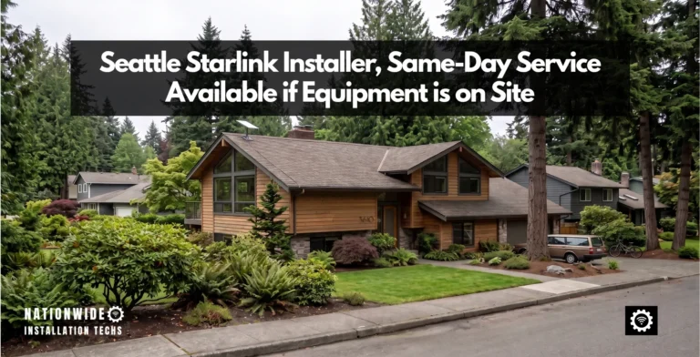 Seattle Starlink installer at a Broadview home, Gen 3 dish set on the roof ridge above the western red cedar line