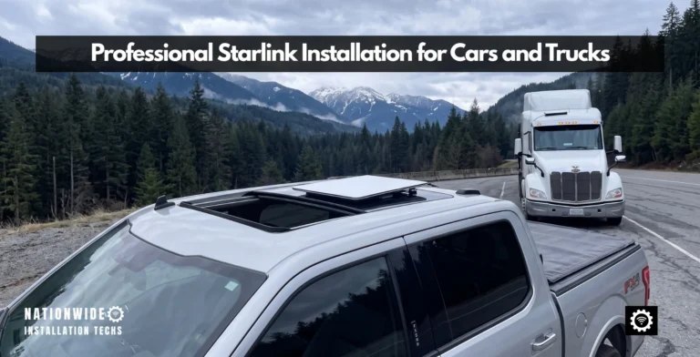 Starlink installation for cars and trucks, a personal pickup with a rooftop Mini panel parked ahead of a semi-truck on a mountain highway