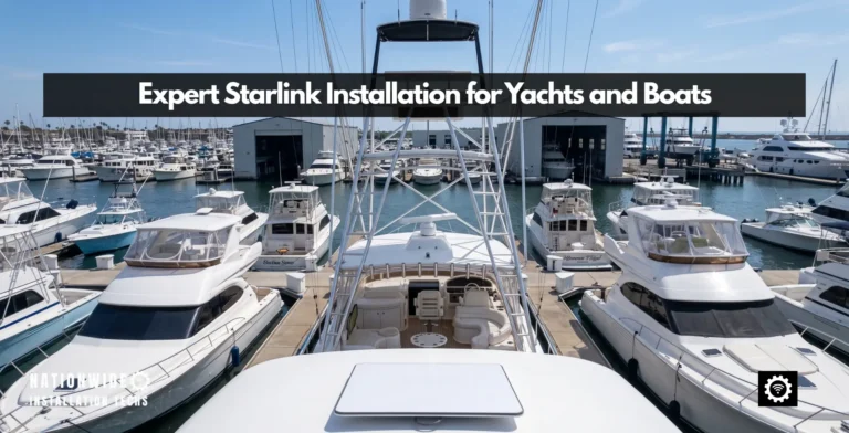 Starlink installation for yachts and boats, a completed dish mount on a sportfishing boat's flybridge overlooking a marina full of moored yachts