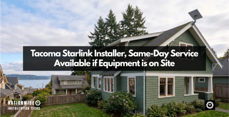 Tacoma Starlink installer, dish on a fascia wall mount at the back gable of a 1910s North End Craftsman above the bay