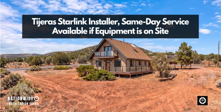 Tijeras Starlink installer, roof mount on a chalet-style house on an East Mountain acre lot under pinon and juniper