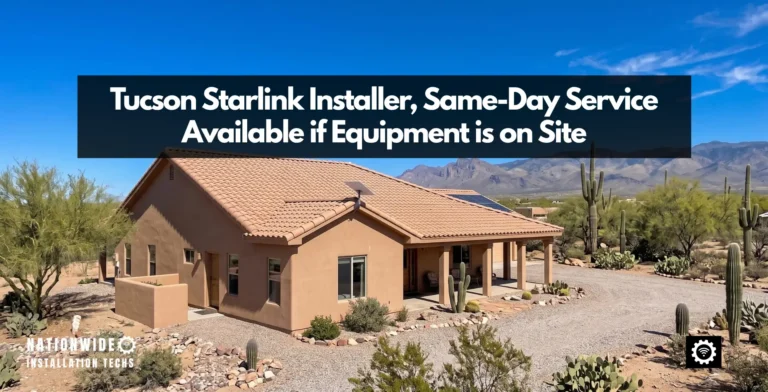 Tucson Starlink installer featured image: a single-storey stucco home with a terracotta tile roof on a gravel desert lot outside Tucson, saguaro and palo verde around it and the Santa Catalina Mountains behind, with the text Tucson Starlink Installer, Same-Day Service Available if Equipment is on Site