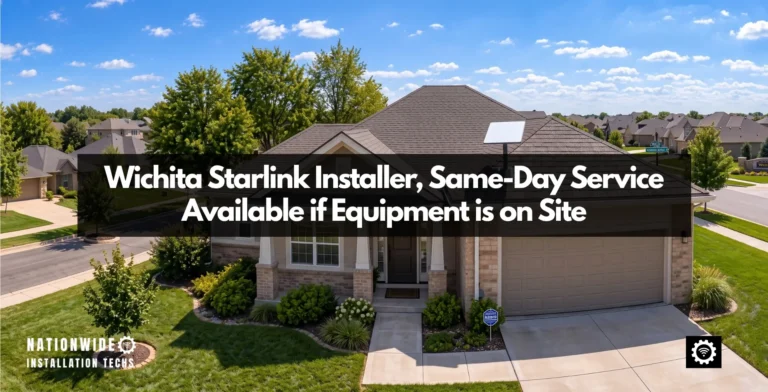 Wichita Starlink installer featured image: single-storey brick ranch house with a composition shingle roof in a Wichita subdivision, Starlink dish mounted high on the roof plane, with the text Wichita Starlink Installer, Same-Day Service Available if Equipment is on Site