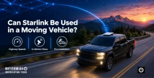 Can Starlink be used in a moving vehicle, a Starlink dish on a low flat mount on a pickup's cab roof driving a mountain highway at dusk
