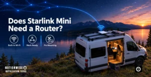 Does Starlink Mini need a router, a Starlink Mini mounted on a camper van roof rack at a lakeside campsite at dusk with two travelers online inside