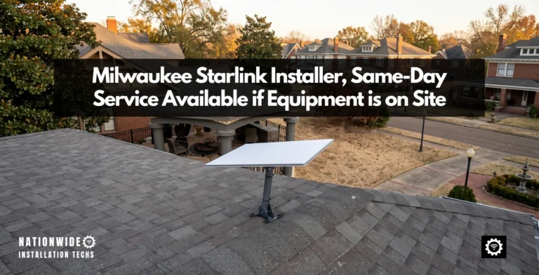 Milwaukee Starlink installer, dish on a pivot mount sealed to an asphalt shingle roof above an autumn neighborhood