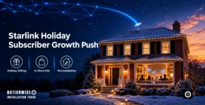 Starlink holiday subscriber growth push, Starlink installation on a snowy brick home at dusk with the family online inside