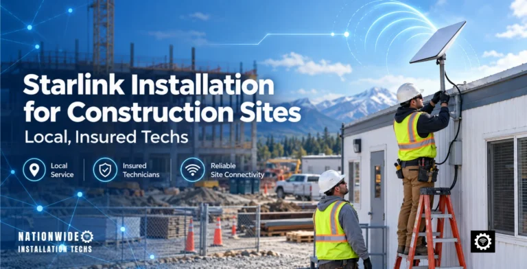 Starlink installation for construction sites, insured technician fitting a Starlink dish mast to a job-site office trailer