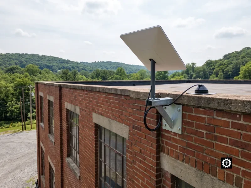 Commercial Starlink dish parapet-mounted on an authentic Pennsylvania commercial building