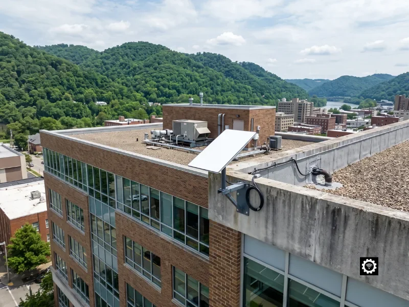 Commercial Starlink installation in West Virginia, dish parapet-mounted on a modern Charleston brick-and-glass building with forested Appalachian hills behind.