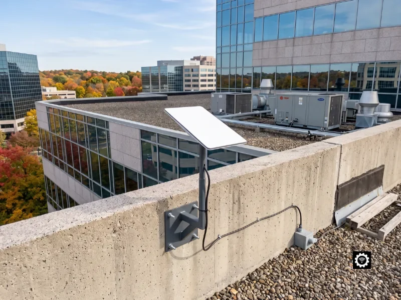 Commercial Starlink installation in Connecticut, dish parapet-mounted on a modern Stamford glass-and-stone office building by certified technicians.