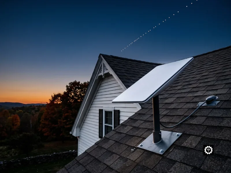 Starlink installation done right in Connecticut, dish mounted on a Colonial home's roof at dusk beneath a Starlink satellite train over autumn New England hills.