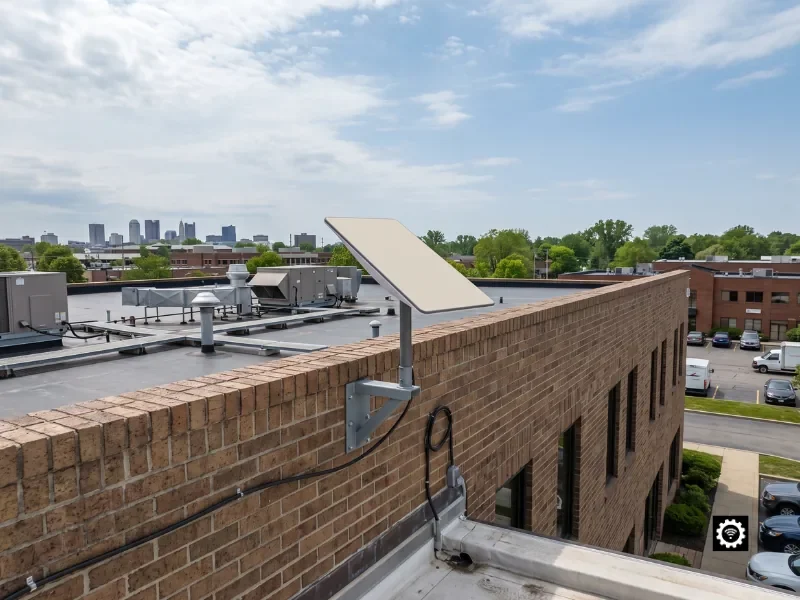 Expert commercial Starlink installation on an American business rooftop, dish parapet-mounted with weatherproof cabling by certified technicians.