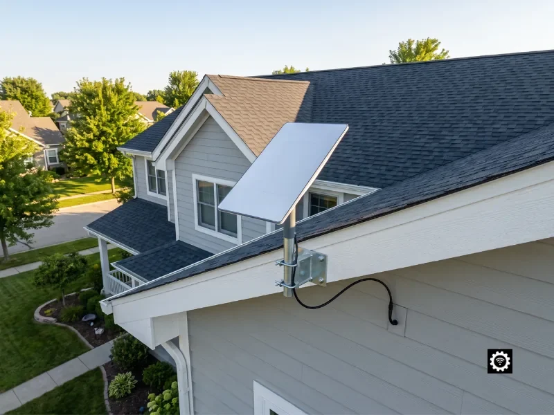 Professional residential Starlink installation on an American home, flat dish pole-mounted at the gable and precisely aligned by an insured technician