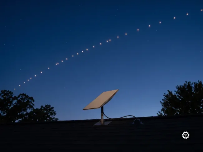 Certified Starlink installers serving all 50 U.S. states, dish professionally roof-mounted at dusk beneath a Starlink satellite train.