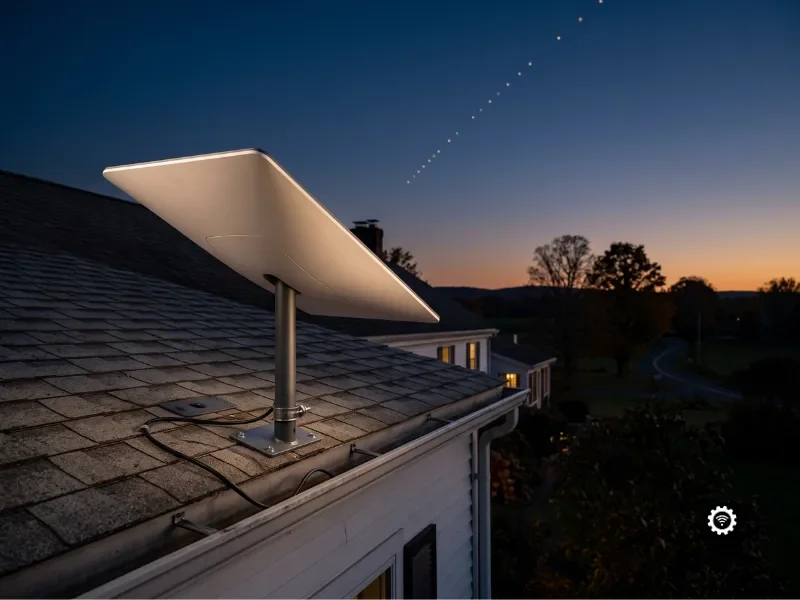 Professionally installed Starlink dish on a Hudson Valley farmhouse in New York at twilight with a Starlink satellite train overhead