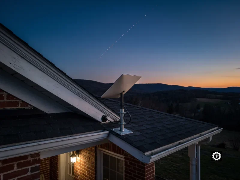 Professionally installed Starlink dish on a Pennsylvania brick farmhouse at twilight with a Starlink satellite train overhead